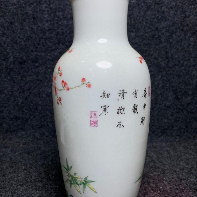 Traditional Vintage Famille Rose Porcelain Vase – 8.7" Bird & Flower Bottle Vase With Calligraphy For Sale - Image 3 of 9