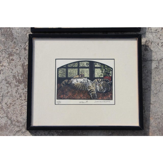 Rama Samaraweera (1926) Set of Three Woodblock Prints Depicting Cats For Sale - Image 6 of 13