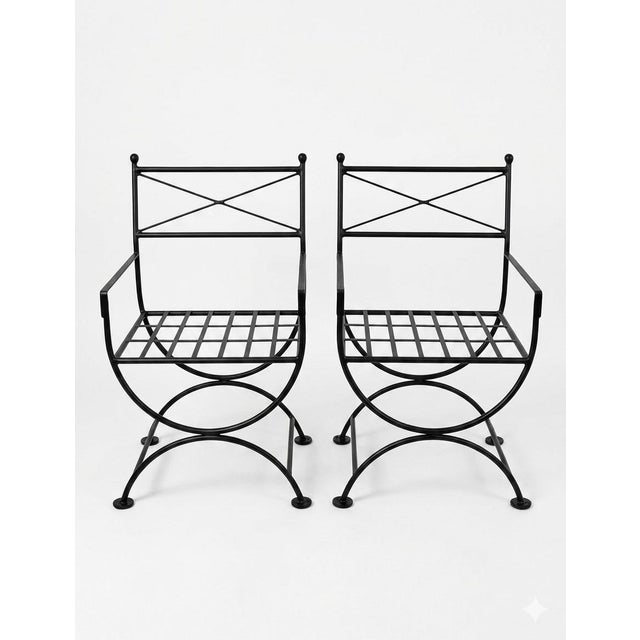 Neoclassical Pair of Neoclassical Style Powder-Coated Iron Curule Armchairs For Sale - Image 3 of 12