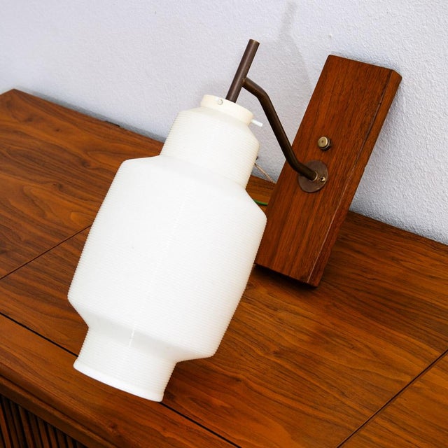 1960s Mid Century Modern Wall Sconce Lamp Lighting Walnut Brass White Shade Denmark Nm For Sale - Image 11 of 12
