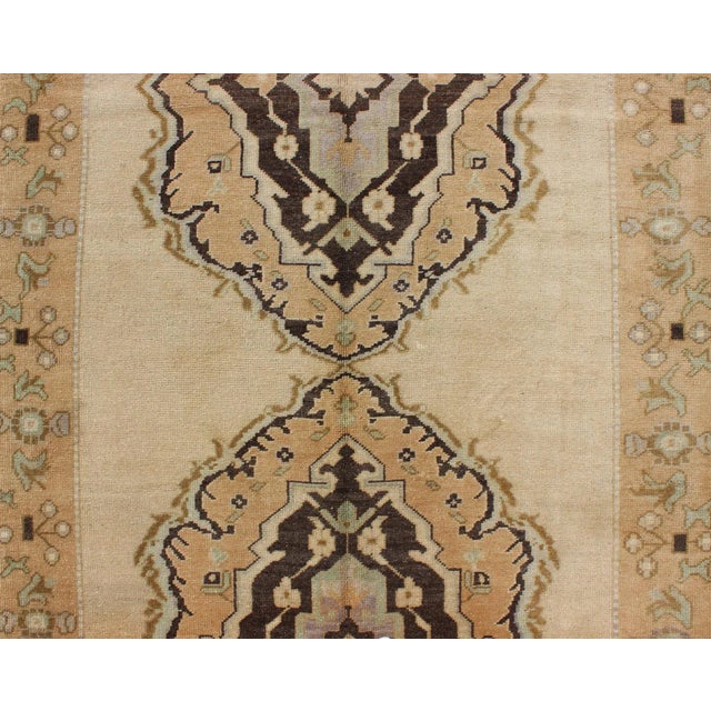 Textile Vintage Turkish Oushak Gallery Rug With Two Medallions in Taupe, Brown and Cream For Sale - Image 7 of 10