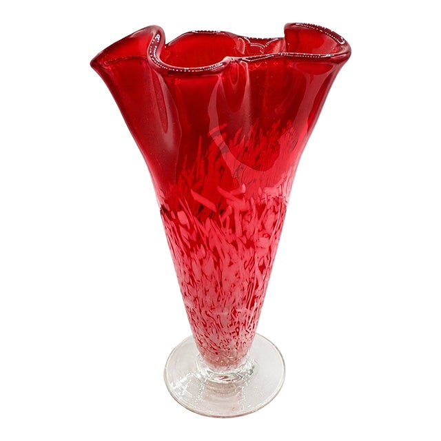 Vintage MCM MURANO-style Hand-Blown Glass Ruffled Swirl Handkerchief Vase For Sale