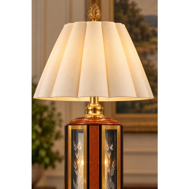 Mid 20th Century Hollywood Regency Wood, Brass & Etched Glass Lantern Table Lamps - Pair For Sale - Image 4 of 8