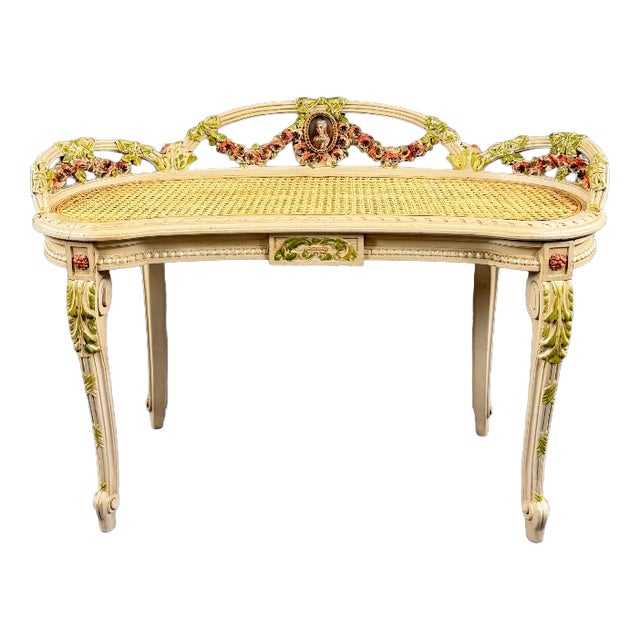 19th Century Louis XV Bench in Painted Wood and Caning For Sale