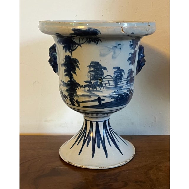 Rococo Antique 18th Century English Delft Urn Shape Flower Pot With Lion Mask Handles , London C. 1750 For Sale - Image 3 of 12