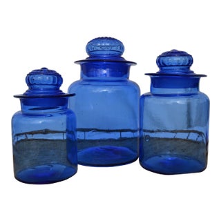 Mid 20th Century Takahashi Hand Blown Cobalt Blue Glass Apothecary Jars With Lids- Set of 3 For Sale