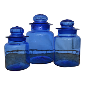 Mid 20th Century Takahashi Hand Blown Cobalt Blue Glass Apothecary Jars With Lids- Set of 3