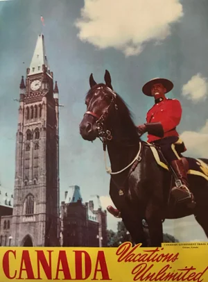 1950's Canadian Travel Poster, Vacations Unlimited, Mounted Policeman