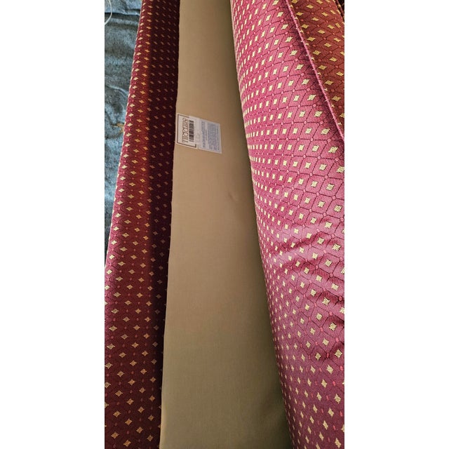 Art Deco Vintage Sherrill Traditional Burgundy & Gold Diamond Upholstered Sofa with Mahogany Legs – 1 Piece For Sale - Image 3 of 3