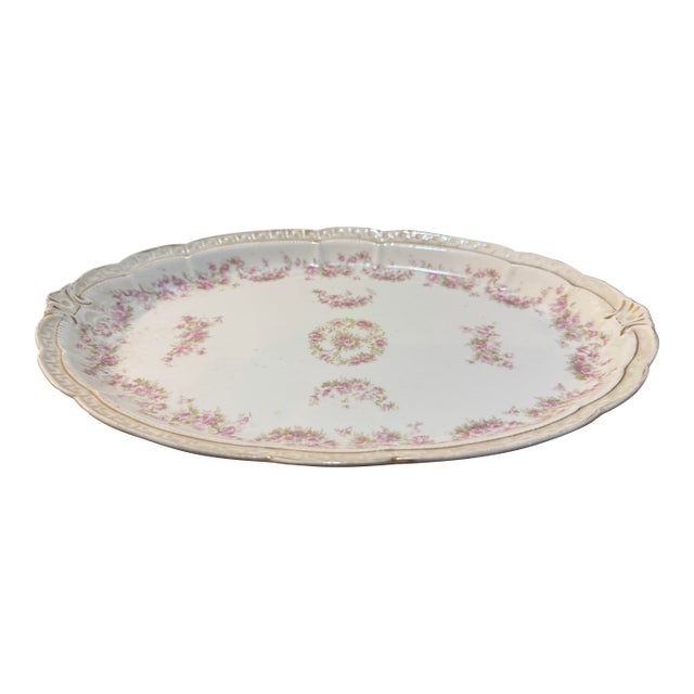 Late 19th Century Zeh Scherzer Bavaria Porcelain Platter With Pink Roses and Gilded Rim. For Sale