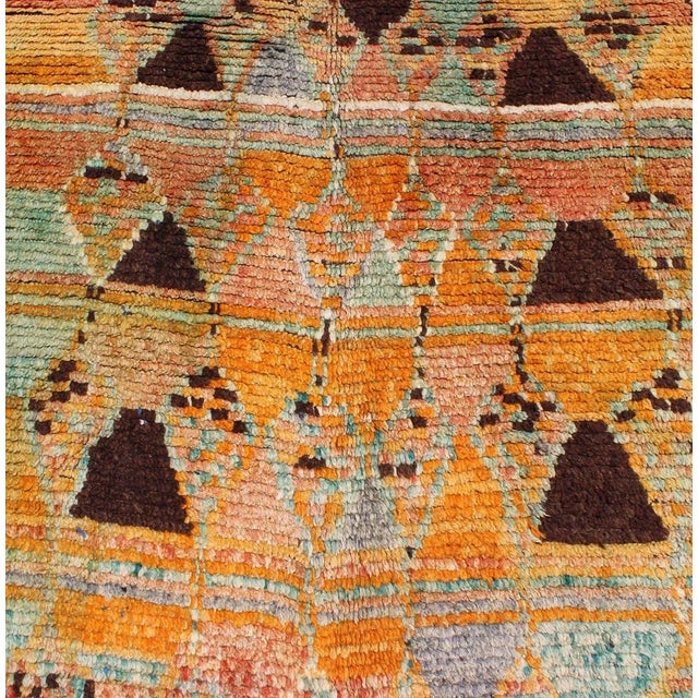 Tribal Mid 20th Century Long Vintage Moroccan Runner With Tribal Design in Orange, Brown, Blue and Green For Sale - Image 3 of 13