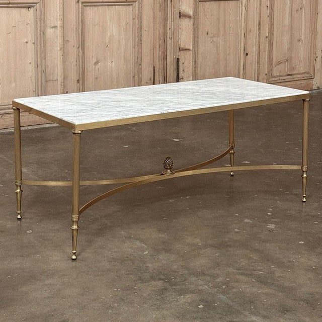 Mid-Century Modern Mid-Century Carrara Marble and Gilded Brass Maison Jansen Style Coffee Table For Sale - Image 3 of 16