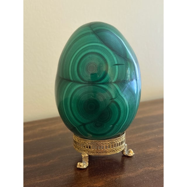 Neoclassical Large Solid Malachite Egg on Neoclassical Brass Stand With Paw Feet For Sale - Image 3 of 10