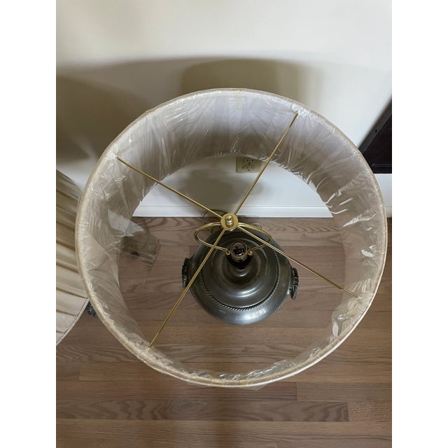 Mid 20th Century Pair of Mid 20th Century Pewter Finish Lamps With New Linen Pleated Shades For Sale - Image 5 of 9