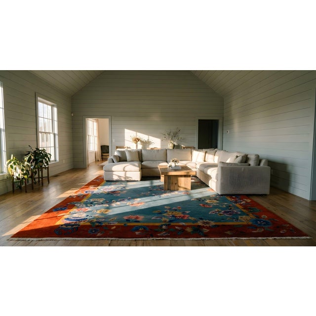 1920s Turquoise Vase Floral Antique Chinese Art Deco Rug 10' 8" X 11' 8" Knotted Wool Carpet For Sale - Image 16 of 18