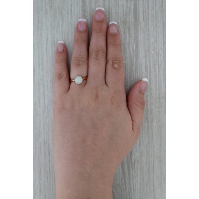 Modern Vintage Woods Round Opal Cabochon Solitaire Ring 14k Yellow Gold Size 6.25 For Sale - Image 3 of 8