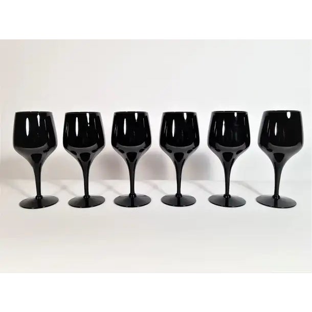 1970s 1980s Mid Century Black Glassware / Barware / Wine Glasses. Set of 6. Excellent condition.