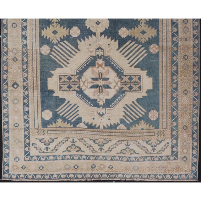 Blue Oushak Rug With Geometric Medallion Design 5' 5" X 8' 10" For Sale - Image 4 of 14