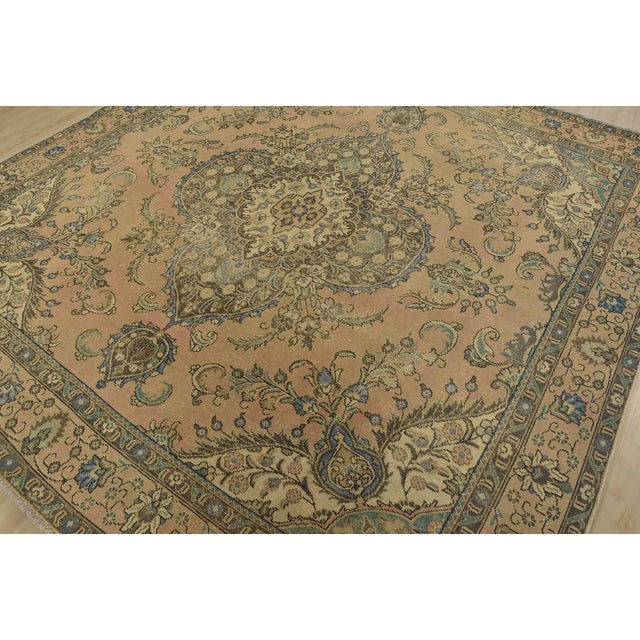 Farmhouse Tabriz Rug 9’3” X 9’2” Pink Wool Vintage Distressed Hand-Knotted Carpet For Sale - Image 3 of 15