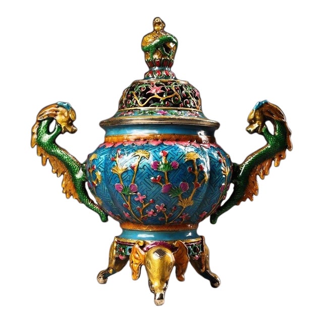 Late 20th Century Cloisonné Enamel Censer With Dragon Handles and Floral Motifs For Sale