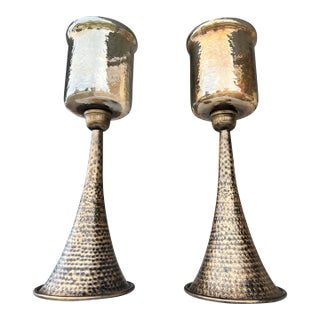 Contemporary Hammered Tin & Glass Hurricane Candleholders - Set of 2 For Sale