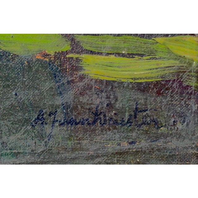 Early 20th Century Arend Jan Van Driesten Plain Air Landscape Oil Painting of a Lakeside Cabin For Sale - Image 5 of 6