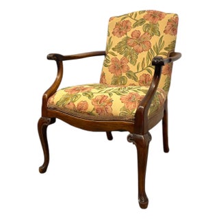 1970s Vintage Carved Wood Floral Armchair - Upholstered Accent Chair With Cabriole Legs For Sale