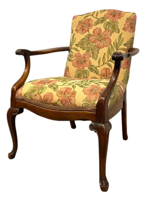 1970s Vintage Carved Wood Floral Armchair - Upholstered Accent Chair With Cabriole Legs