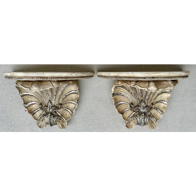 Pair of Vintage 1940's Large Hollywood Regency Clam Shell Carved Wood Bracket Shelves For Sale - Image 13 of 13