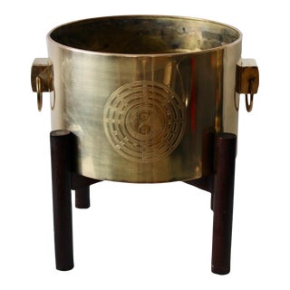 Vintage Mid Century Hollywood Regency Chinoiserie Brass Planter Brass Planter Hoop Handles With Stand For Sale