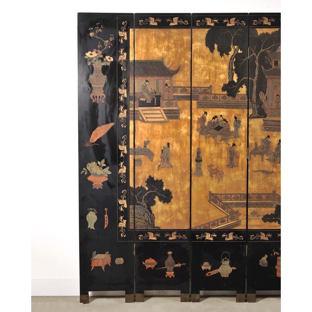 Chinese Export Eight-Panel Coromandel Screen Gilt Pavilion 10 Ft For Sale - Image 4 of 18