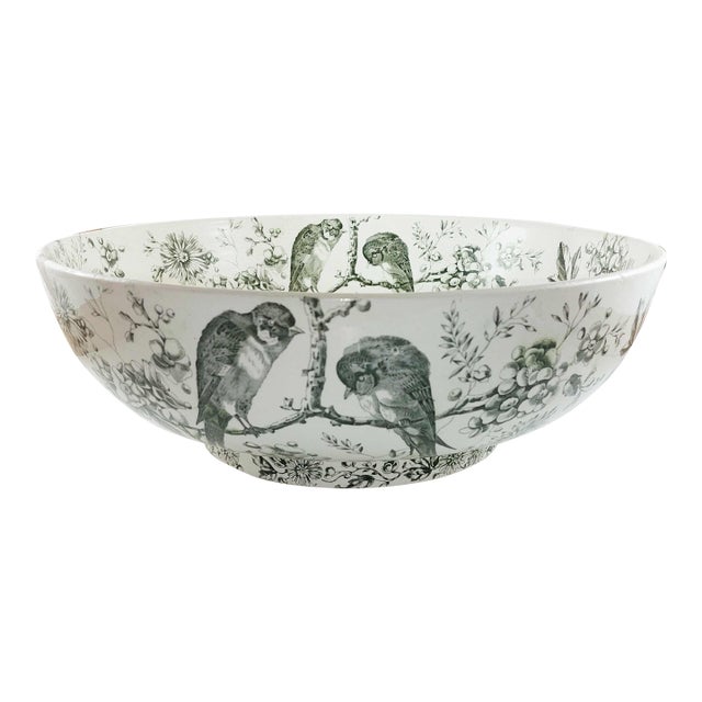 1880s Ridgways Autumn Olive Green Transferware Earthenware Wash Basin Aesthetic For Sale