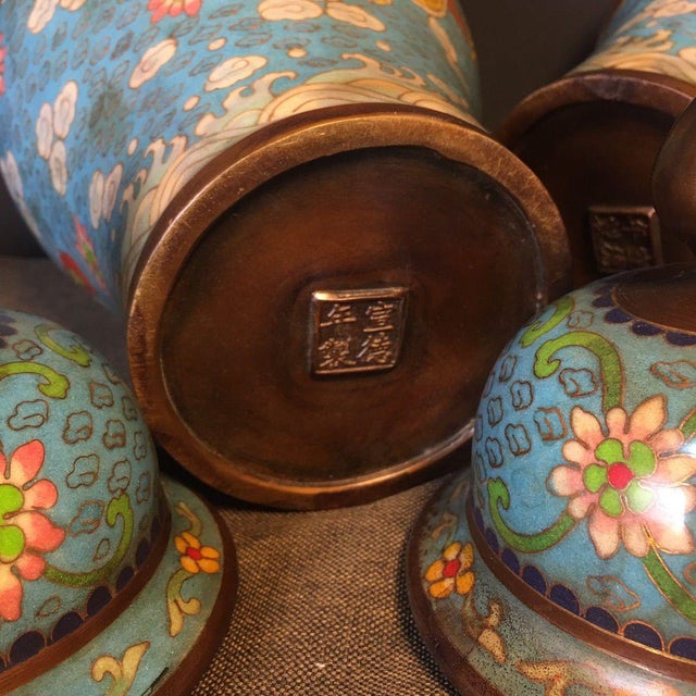 Pair of Monumental Chinese Cloisonné "Dragon & Phoenix" Covered Ginger Jars - 14.3 LBS For Sale - Image 9 of 9
