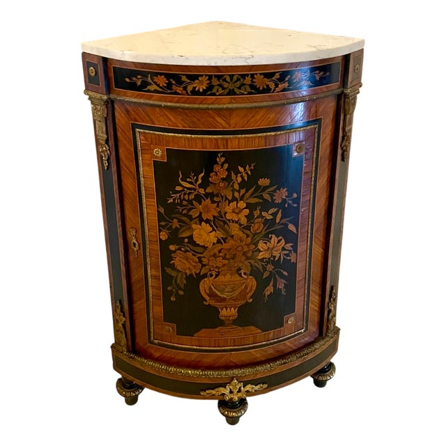 Antique Louis XVI French Marquetry Corner Cabinet with Marble Top, 1860s For Sale