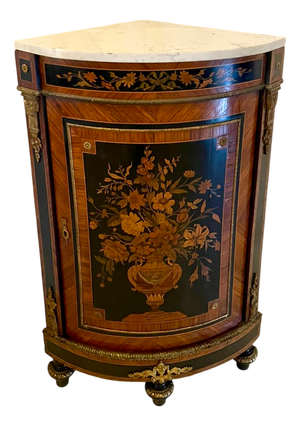 Antique Louis XVI French Marquetry Corner Cabinet with Marble Top, 1860s