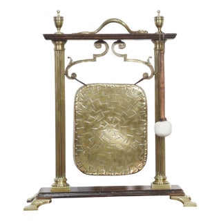 Brass and Oak Table Gong, 1890s For Sale