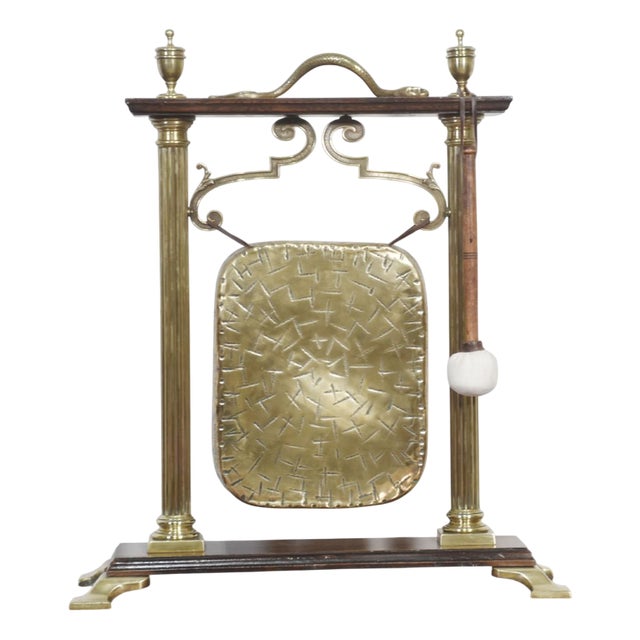 Brass and Oak Table Gong, 1890s For Sale