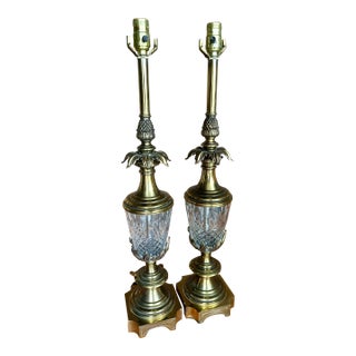 Pair of Vintage Stiffel Brass & Cut Crystal Pineapple Hollywood Regency Table Lamps For Sale