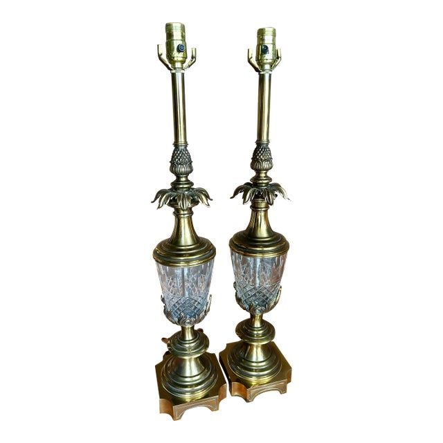 Pair of Vintage Stiffel Brass & Cut Crystal Pineapple Hollywood Regency Table Lamps For Sale
