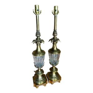 Vintage Mid-Century Stiffel Hollywood Regency Brass & Crystal Pineapple Table Lamps, a Pair