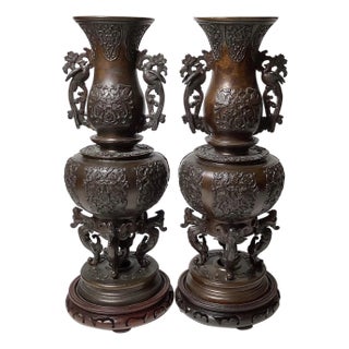 A Pair of Patinated Bronze Meiji Period Figural Tall Vases, Late 19th Century For Sale