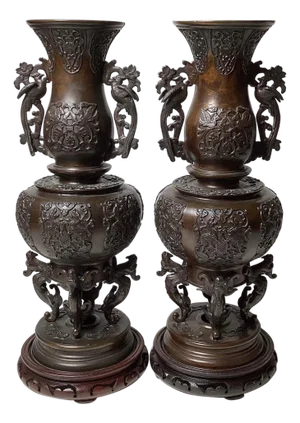 A Pair of Patinated Bronze Meiji Period Figural Tall Vases, Late 19th Century