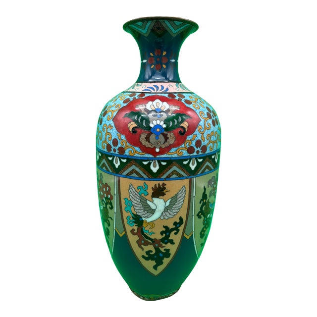 Large Antique Meiji Japanese Cloisonne Dragon Ho-O Phoenix Shield Vase 11.75” For Sale
