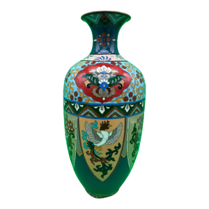 Large Antique Meiji Japanese Cloisonne Dragon Ho-O Phoenix Shield Vase 11.75”