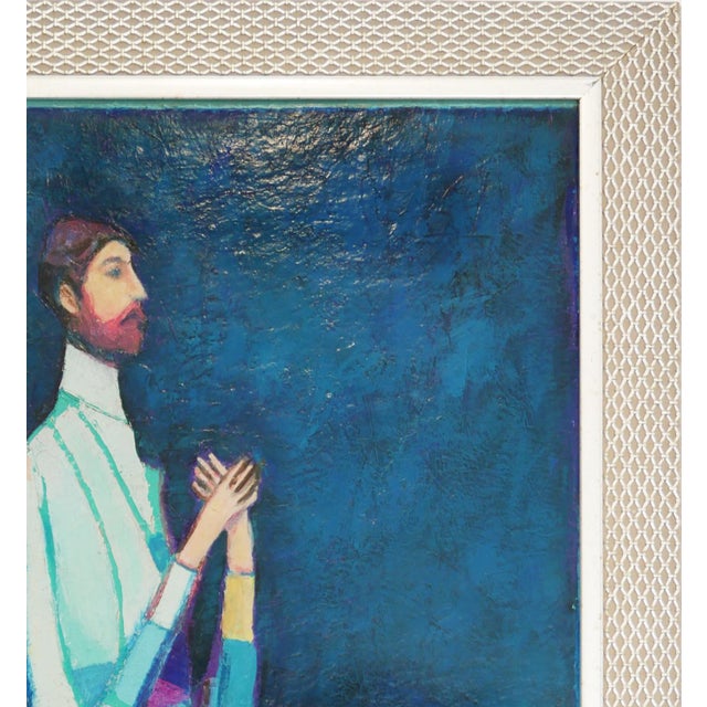 David Adickes "Two Friends Against Blue" Abstract Monotone Figurative Portrait Painting, 1990 For Sale - Image 4 of 9