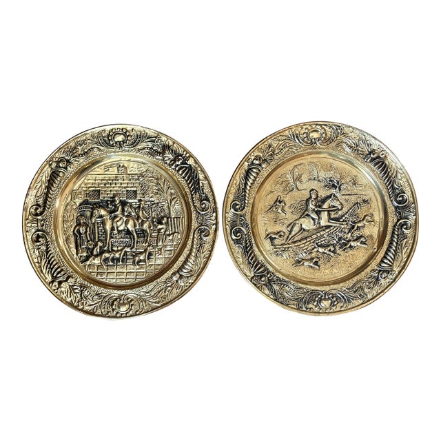 Large Vintage Traditional Equestrian Hunt Brass Embossed Wall Plates, a Pair For Sale