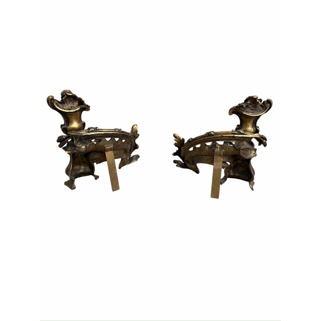 Antique French Rococo Revival Bronze Chenets Andirons with Floral Scrollwork – Pair Beautiful antique French bronze...