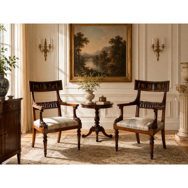 Elegant pair of vintage Neoclassical armchairs in the style of Georges Jacob, featuring beautifully carved wood frames...