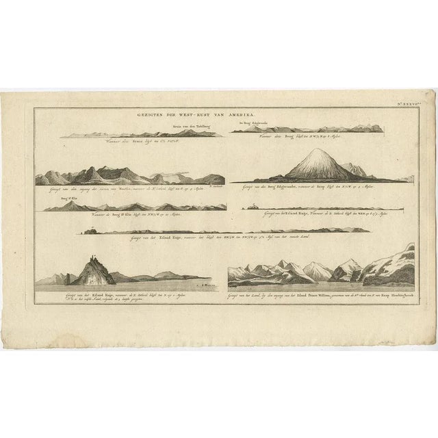 Antique print from America titled 'Gezigten der West-Kust van Amerika'. Coastal views of various islands along the...
