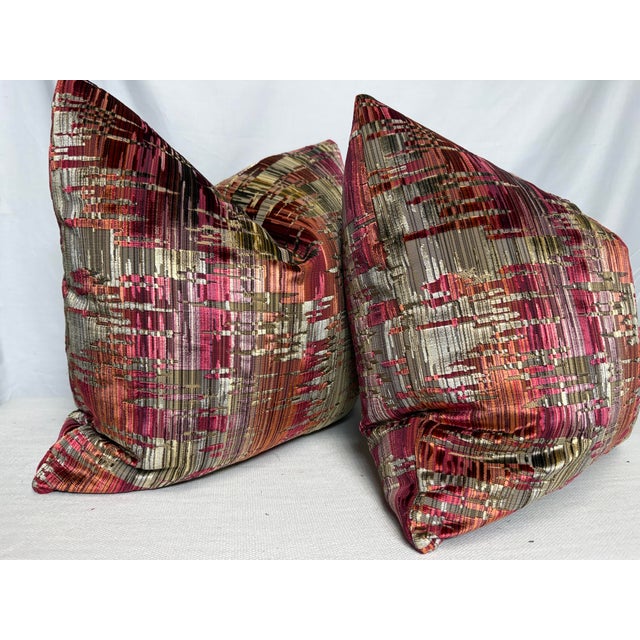 Custom pair of 22" pillows covered in Brunschwig & Fils "Amauri Velvet" in color sand/berry. These pillows have tapered...